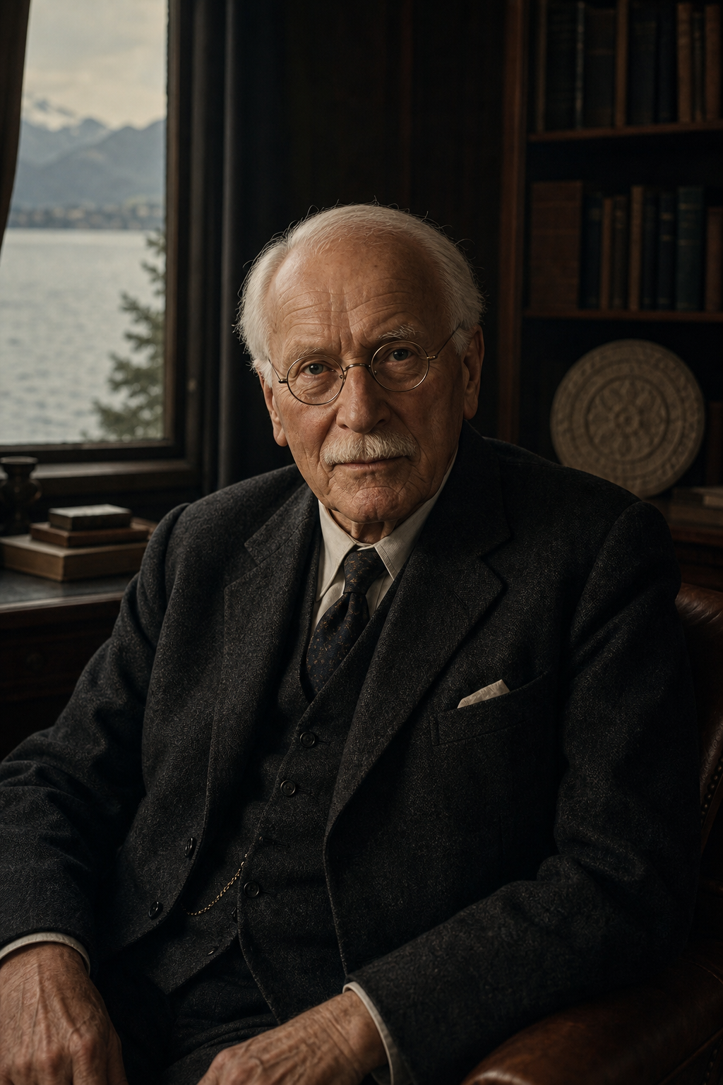 A reimagined late-life Carl Gustav Jung seated in a quiet Swiss lakeside study